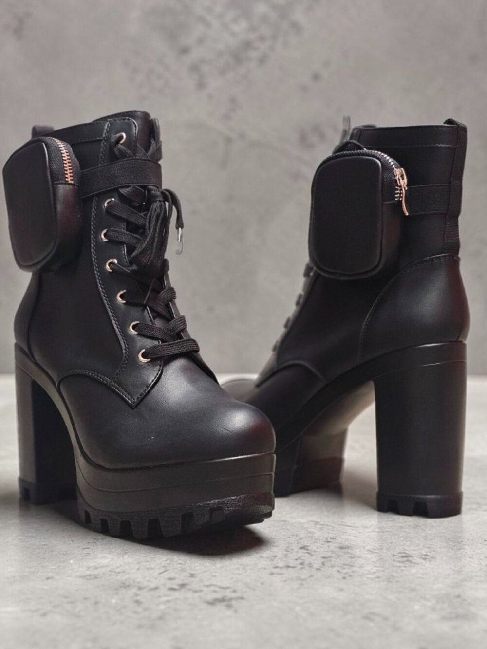 Chunky Black High-Heel Ankle Boots With Lace-Up Design with Side Pouch Rugged Pl